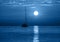 Beautiful night sea, yacht and full moon. Night classic blue seascape. Trendy Banner with color of the year 2020