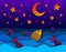 Beautiful night seascape with funny cartoon fishes in paper cut style, curvy lines of waves and moon and stars in the sky, perfect