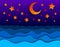 Beautiful night seascape in paper cut style, curvy lines of waves and moon and stars in the sky, perfect modern vector