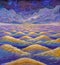 Beautiful night starry sky with fantasy clouds over waves of water or mountains and desert hills oil painting