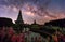 Beautiful Night Starry sky with Rising Milky Way over the temple