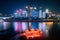 Beautiful night view of a colorful cruise ship traveling on River