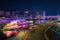 Beautiful night view of colorful cruise ships traveling on River