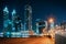 Beautiful nighttime Dubai skyline. Modern skyscrapers of business bay.