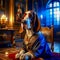 A beautiful noble basset dog poses in a rich suit in a vintage interior. Dog judge