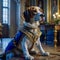 A beautiful noble basset dog poses in a rich suit in a vintage interior. Dog judge