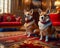 Beautiful noble royal corgi dog posing in a rich red suit in a vintage interior