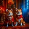 Beautiful noble royal corgi dog posing in a rich red suit in a vintage interior