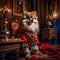 A beautiful noble Spitz dog poses in a rich red suit in a vintage interior