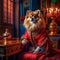 A beautiful noble Spitz dog poses in a rich red suit in a vintage interior