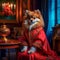 A beautiful noble Spitz dog poses in a rich red suit in a vintage interior