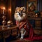 A beautiful noble Spitz dog poses in a rich red suit in a vintage interior