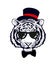 Beautiful noble tiger in a top hat and with a bow tie and sunglasses. Tiger head. The symbol of the new 2022