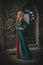 Beautiful noble young lady in a medieval dress looks with pride