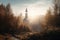 Beautiful Nordic church nestled in a serene and picturesque landscape at sunrise, with misty hills and mountains in the background