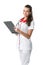 Beautiful Nurse in white-red dress writing in folder