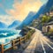 A beautiful ocean view with empty street and the mountains, stone footpath, waves, design, art, sky, clouds