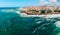 Beautiful oceanscape panorama with skyline, ocean rocky coastline. Drone view over beaches, coastlines in Ericeira, Portugal, on