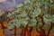 Beautiful oil painting on canvas. Fragment Olive Trees. Brush strokes and canvas textures.