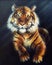 A beautiful oil painting on canvas of a mighty tiger looking up, multicolor Illustration