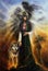 beautiful oil painting on canvas of a mystical fairy priestess with a wolf by her side