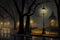 Beautiful old alcove in the city park in the rays of moonlight and lights on. AI generated