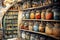 Beautiful old-fashioned larder kitchen store, with lots of bottled produce on shelves. Dark country house interior. Watercolour