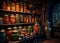 Beautiful old-fashioned larder kitchen store, with lots of bottled produce on shelves. Dark still life in the style of an Old