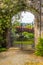 Beautiful old garden gate covered with green ivy