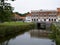 Beautiful old houses along the moat old Nyborg Castle Denmark