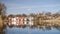 Beautiful old town houses with lake reflection, Talsi, Latvia