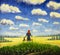 Beautiful old woman grandmother sits with cat on bench and enjoys flowering summer field and blue sky with large clouds
