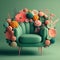 Beautiful one-seater green sofa decorated with colorful flowers. Spring design. Generative AI