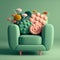 Beautiful one-seater green sofa decorated with colorful flowers. Spring design. Generative AI