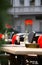 Beautiful open air summer restaurant tables with red flowers in vases