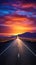 A beautiful open road leading to a vanishing point with a bright ending at sunrise