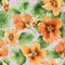 Beautiful orange nasturtium flowers nose-twister with leaves on lilac background. Seamless floral pattern. Watercolor painting