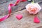 Beautiful Orange-Pink rose and deep red satin heart for Valentine& x27;s backdrop