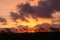 Beautiful orange sunset in the clouds, with grass, spica silhouette.