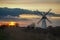 Beautiful orange sunset over Thurne Dyke Drainage Mill in The Broads, Norfolk