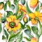 Beautiful orange welsh poppy flowers with green leaves on white background. Seamless floral pattern. Watercolor painting.