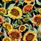 Beautiful orange and yellow coreopsis flowers with leaves on black background. Seamless botanical pattern. Watercolor painting.