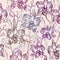 Beautiful Orchid. Hand drawn set on pink background brown purple contour sketch seamless pattern, card banner design. Vector