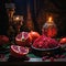 A beautiful oriental table with pomegranate and other fruits is a traditional Yalda night