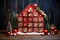 A beautiful and original advent calendar made of natural wood in the form of a house. Unusual decorations on the eve of