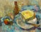 Beautiful Original Oil Painting of Still Life bottle cheese knife glass of apple On Canvas