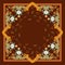 Beautiful ornament with paisley, leaves  and flowers in green and orange tones on brown background. Square shawl. Indian motives