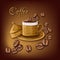Beautiful ornamental brass coffee cup with coffe beans and text on gold and brown background