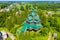 Beautiful Orthodox wooden church of the Assumption of the Blessed Virgin Mary in the city of Cherepovets in the Vologda region