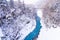 Beautiful outdoor nature landscape with shirahige waterfall and bridge in snow winter season